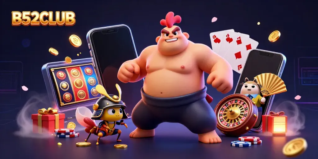 Experience the excitement of B52CLUB as a dynamic sumo wrestler, fierce cricket, and tanuki announcer come alive in a vibrant casino scene.