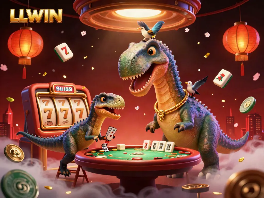 Experience the thrill at LLWIN Casino with a massive brontosaurus and raptor dealer amidst jackpot symbols.