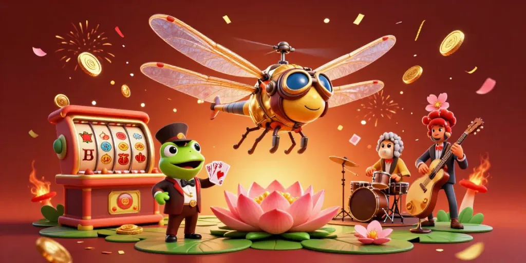 Engage with thrilling top88 casino action featuring slot reels, a dragonfly pilot, and a frog croupier.