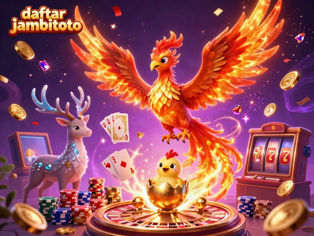 Engage with daftar jambitoto as a fire phoenix and elements burst forth in a vibrant casino scene.
