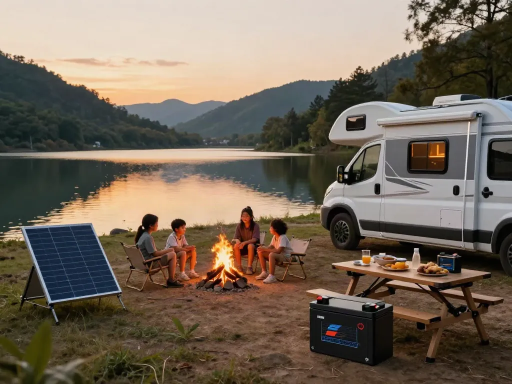 Lithium RV batteries powering an outdoor campsite with a family enjoying a sunset by the lake.