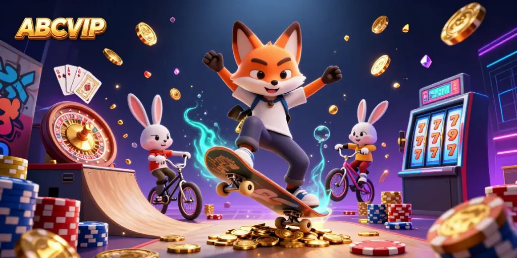 Experience the excitement of ABCVIP with vibrant 3D cartoon elements showcasing a skateboarder fox and BMX rabbit in a dazzling casino setting.