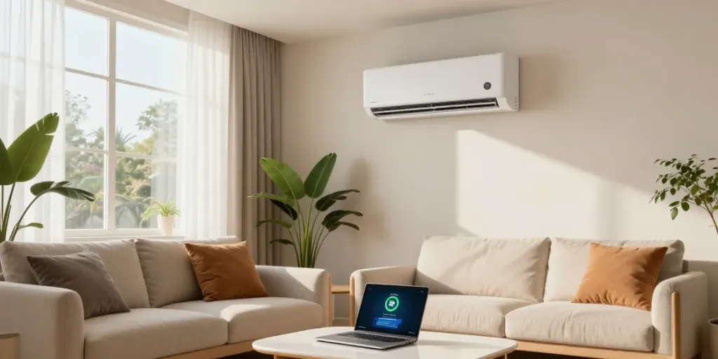 cozy living room featuring a mini split of air conditioner mounted on the wall with natural light