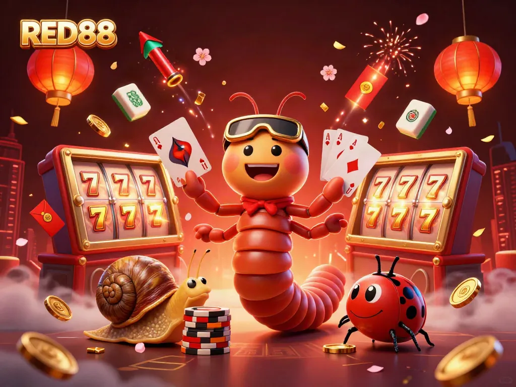 Engage in high-stakes thrills at RED88 with a 3D dealer and lucky symbols amidst vibrant casino action.