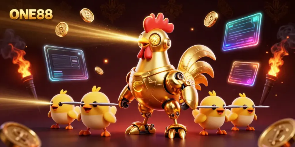 Engage with the thrilling world of ONE88 featuring a golden robot and crypto elements