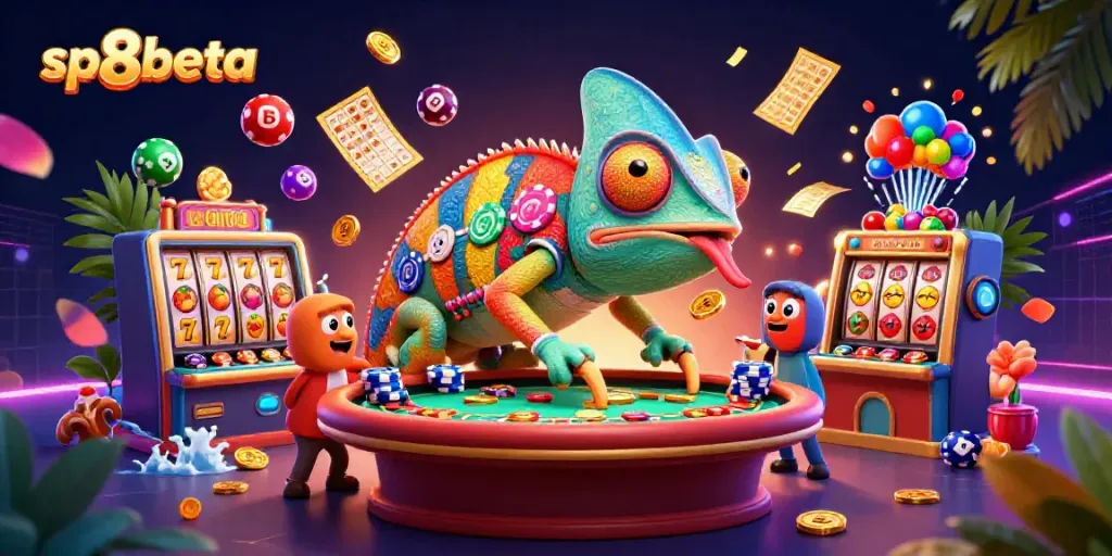 Experience the vibrant gaming scene at sp8beta with a colorful casino chameleon and dynamic game elements.