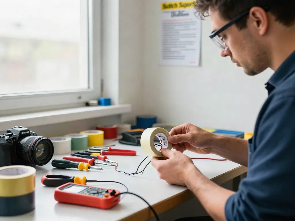 Applying Super33 Daftar electrical tape with tools in a workshop.