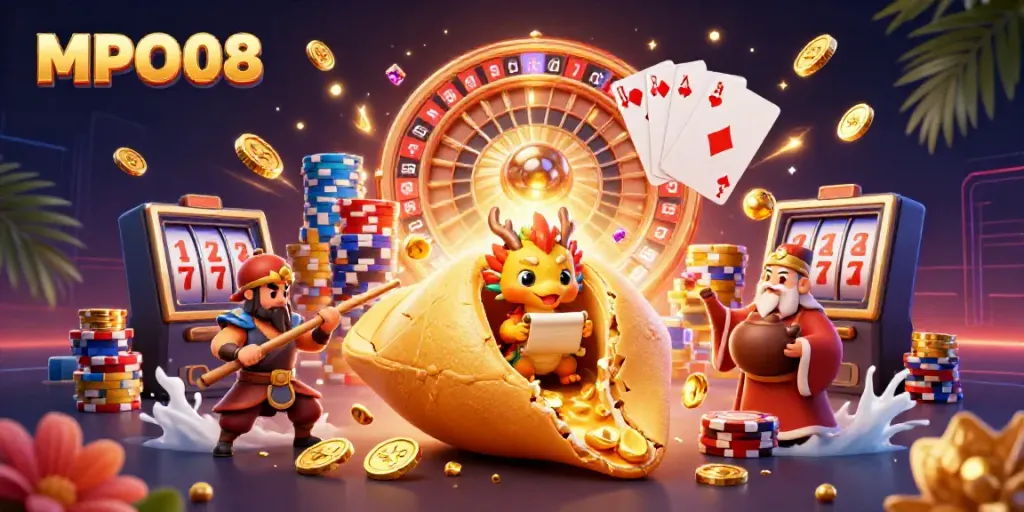 Engage with MPO08's dynamic gaming scene featuring vibrant characters and captivating casino elements.