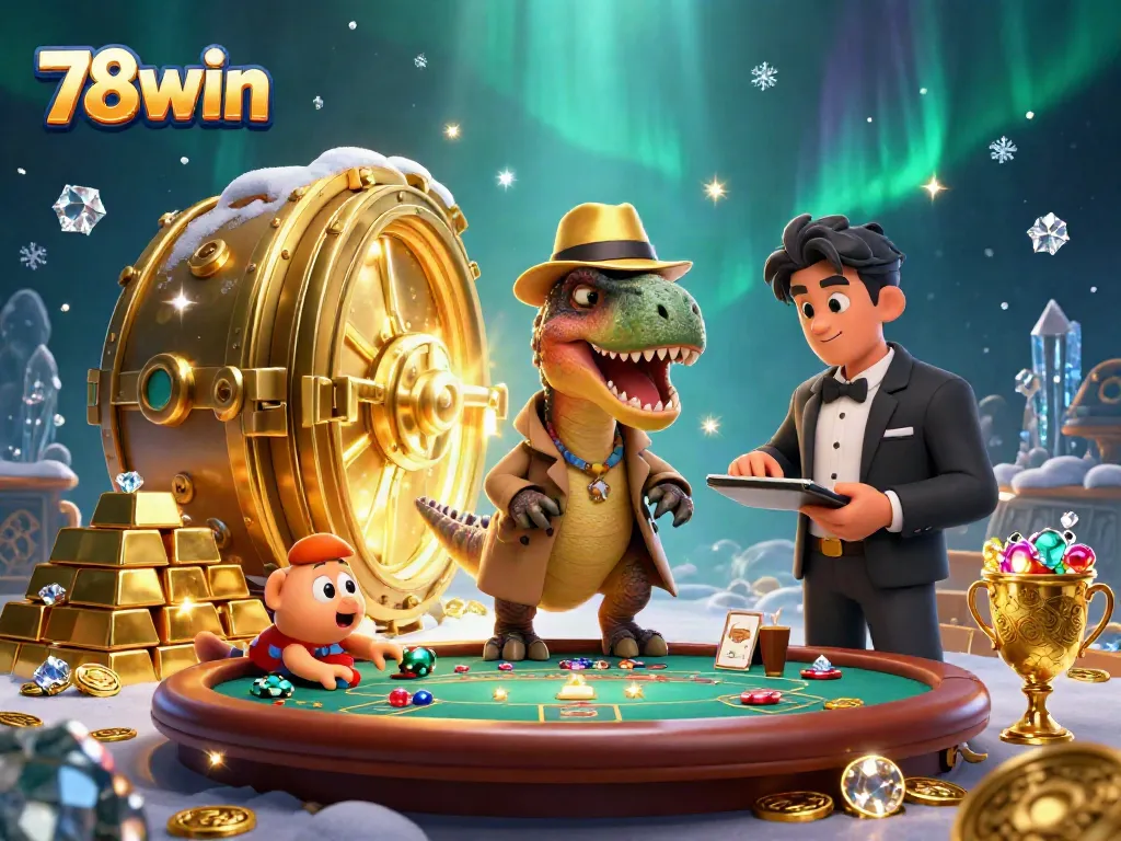 Counters and playful dinosaurs interact at a vibrant 78win blackjack table in a rich casino setting.