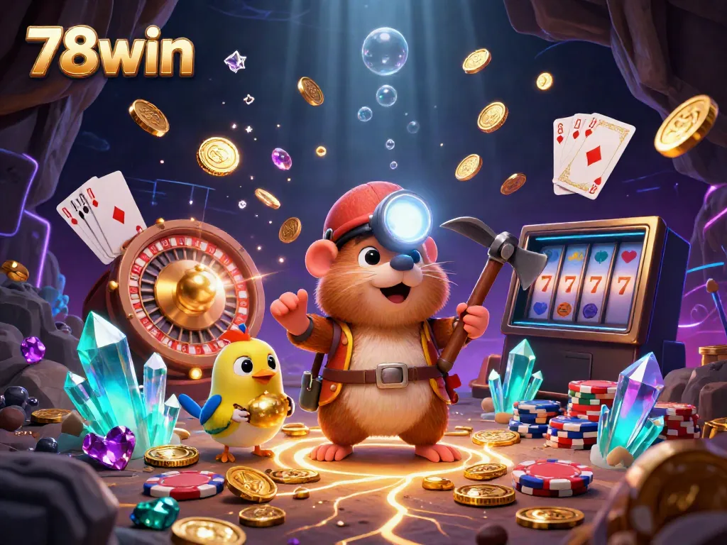 Engage in thrilling gameplay with 78win while watching a treasure hunter mole mining gold and gems in a vibrant casino scene.