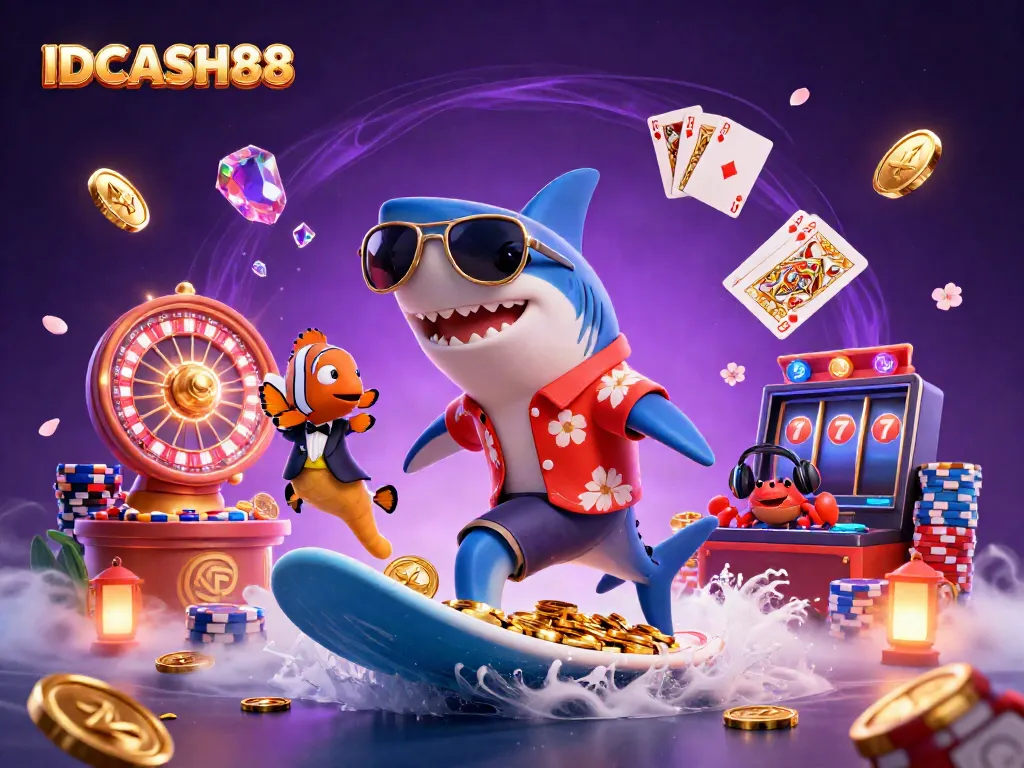Experience the thrill of gaming at IDCASH88 with vibrant characters and casino elements in a dynamic 3D scene.