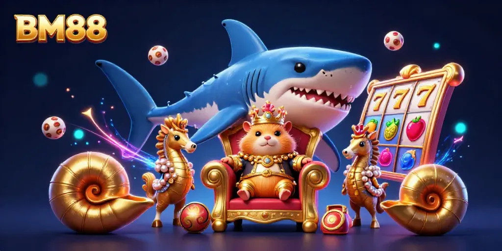 Experience BM88's vibrant casino adventure with a golden hamster king amid thrilling slot reels and sparkling symbols.