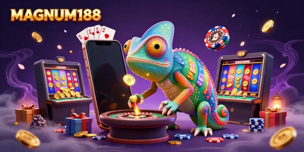 Play exciting games at MAGNUM188 with colorful visuals of casino elements and winning opportunities.