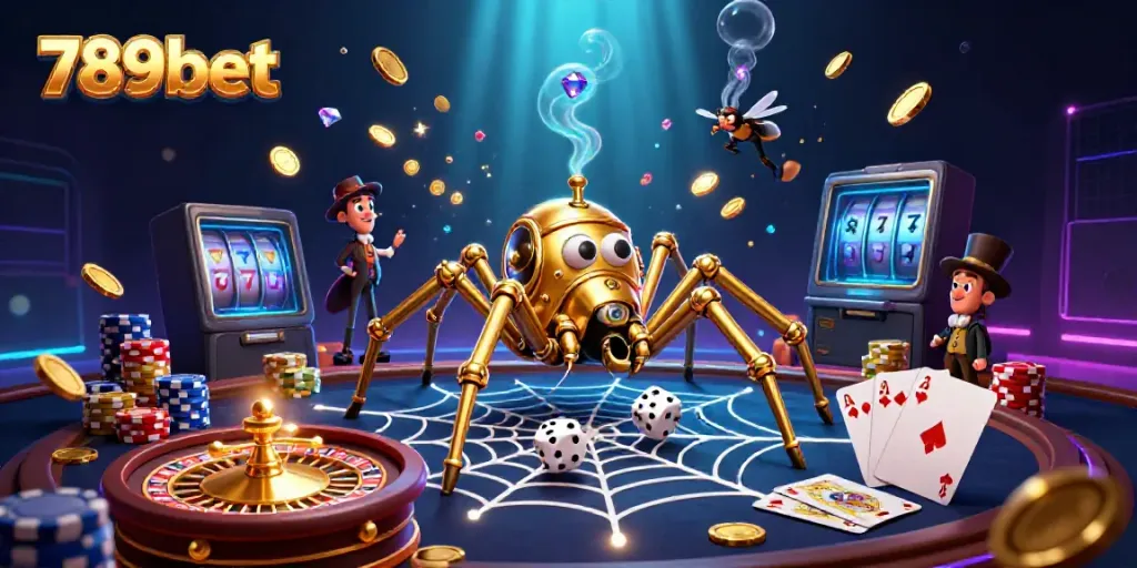 Engage in exciting gaming adventures with 789bet's vibrant 3D Casino illustration featuring golden spider and gems.