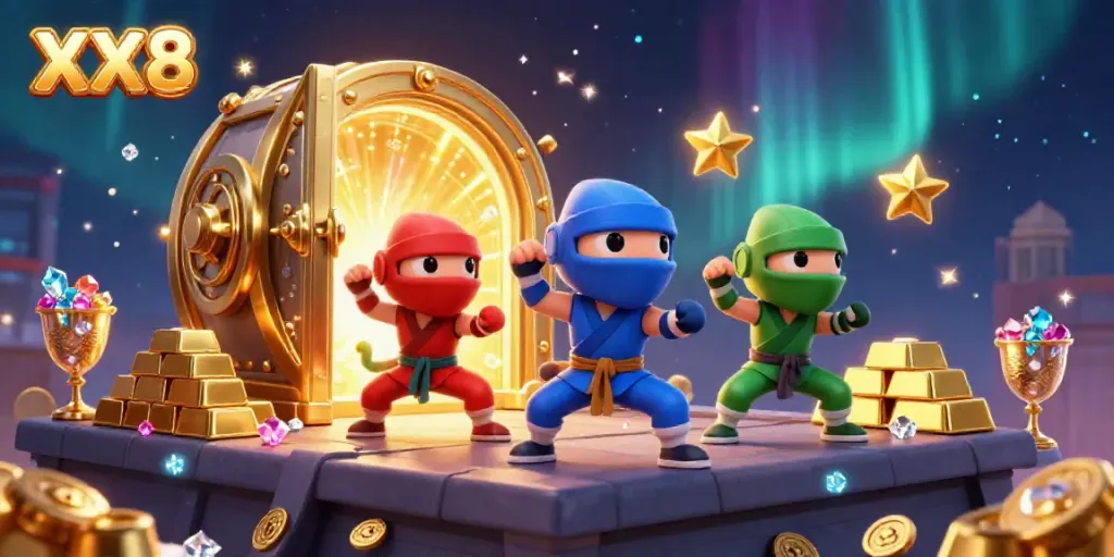 Experience the action of ninja chameleons symbolizing luck at the XX8 casino, amidst treasure and glow.