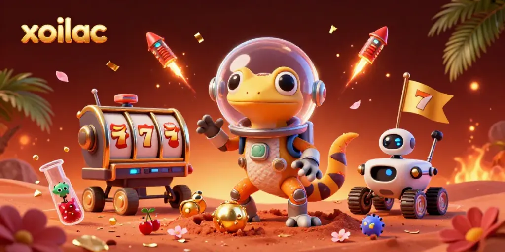 Xoilac offers a thrilling experience of online gambling, featuring a cartoon Martian gecko in a casino scene.