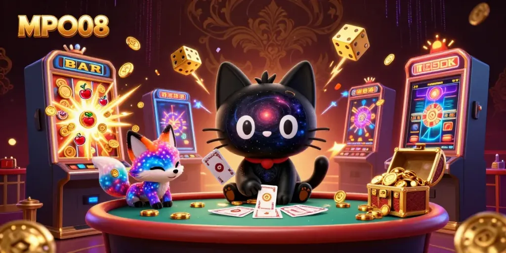Catch MPO08 in a vibrant casino scene featuring a black hole cat and colorful elements, drawing in winnings.