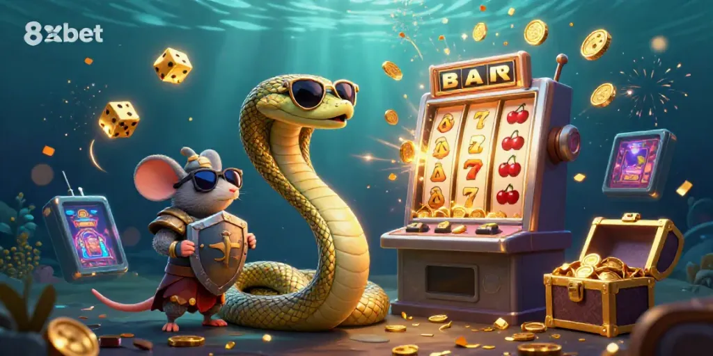 Spin the reels of 8xbet as colorful slots and golden coins burst forth in this vibrant casino scene.