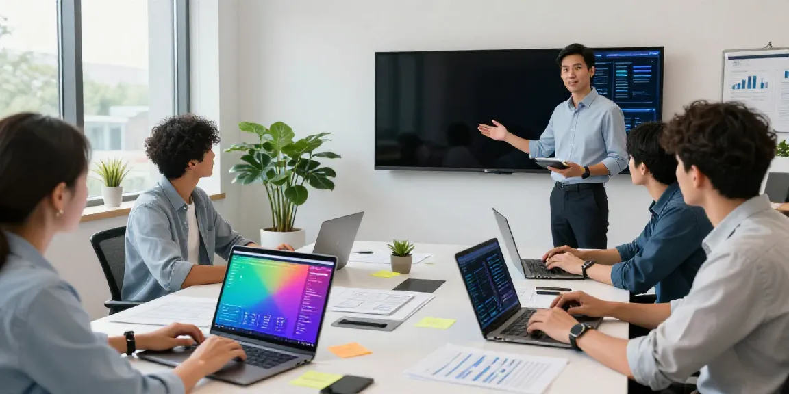 AI content generation for SEO specialists collaborating in a modern office.