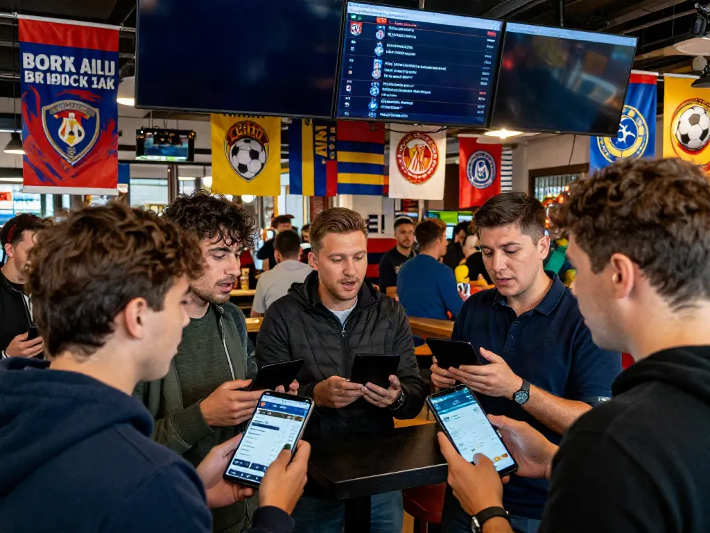 Fans discussing ข่าวกีฬาฟุตบอล in a vibrant sports bar during transfer season, highlighting excitement and engagement.