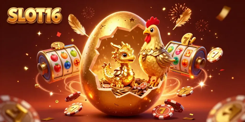 Engage with the vibrant SLOT16 scene featuring a golden dragon, poker chips, and festive elements.