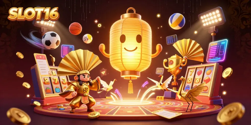 SLOT16 showcases glowing lantern spirit amidst a vibrant casino night market, surrounded by fruit symbols and lucky themes.