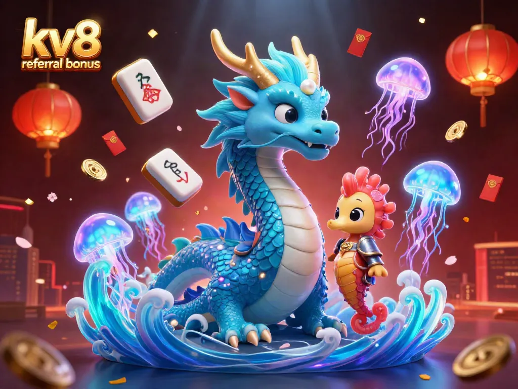 Engage with the kv8 referral bonus featuring a vibrant underwater scene with a dragon, seahorse knight, and jellyfish.