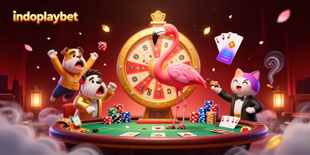 Indoplaybet: Momen menarik dengan flamingo host dan bulldog kontestan dalam suasana kasino.