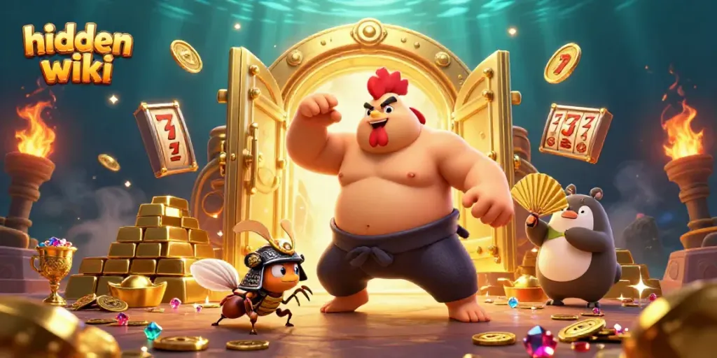 The hidden wiki features a vibrant illustration of a powerful sumo wrestler rooster and samurai cricket amidst a treasure-filled casino setting.