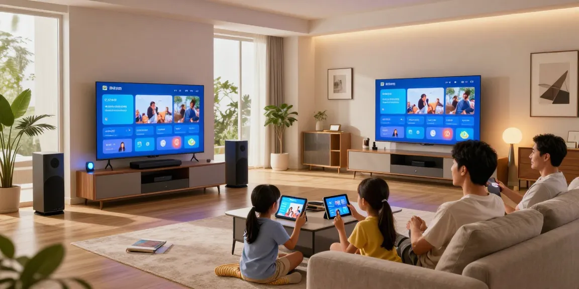 Family enjoying tech-savvy night in their خانه هوشمند جهان اسمارت with smart audio and lighting.