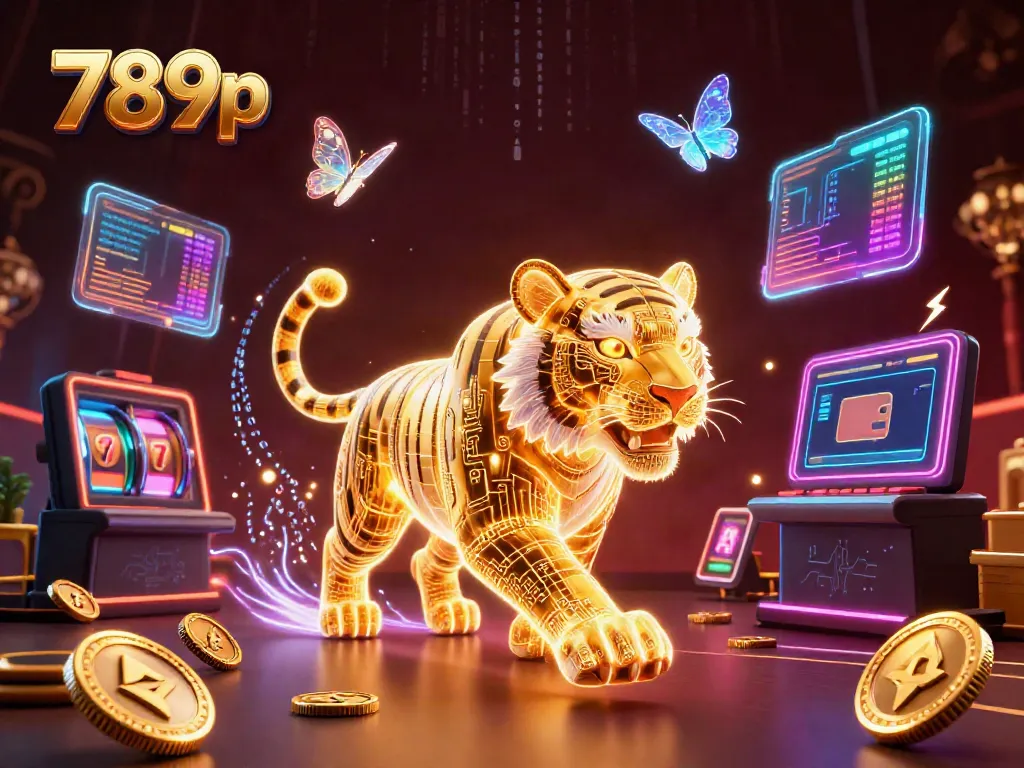 Experience the excitement of 789p with a vibrant digital casino scene featuring a neon tiger and dancing cryptocurrencies.
