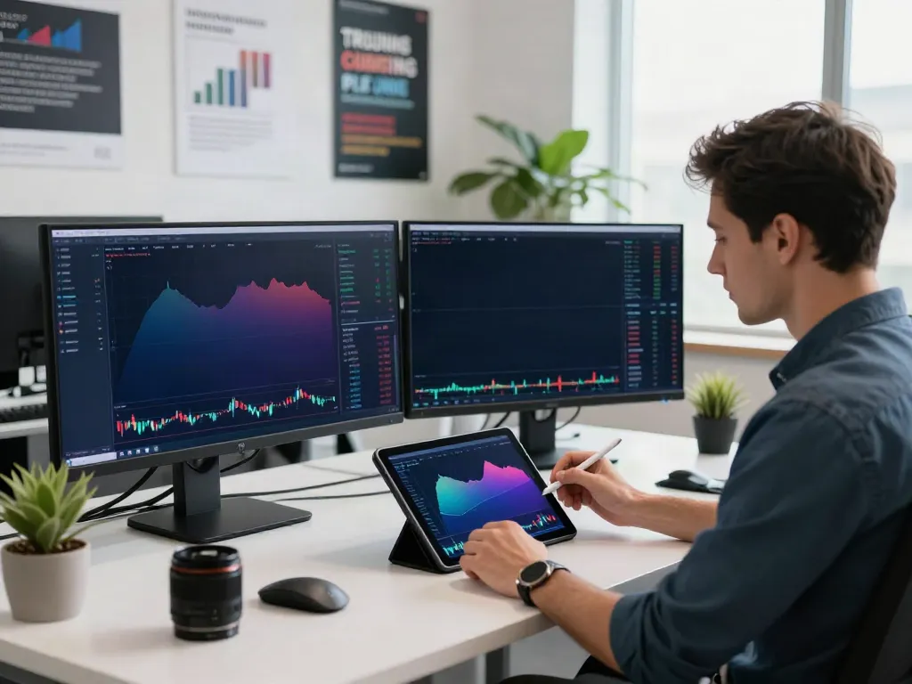 Trader analyzing TradingView charts in a modern workspace filled with technology and natural light.