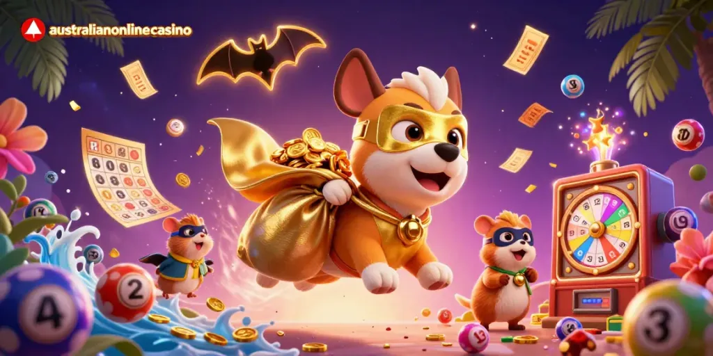 Experience thrilling wins with australianonlinecasino's playful illustration of characters in a vibrant casino scene.