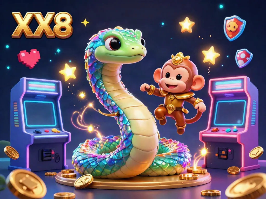 Engage with the magical essence of XX8 as a playful monkey king swings from a vibrant serpent encircled by arcade game elements.