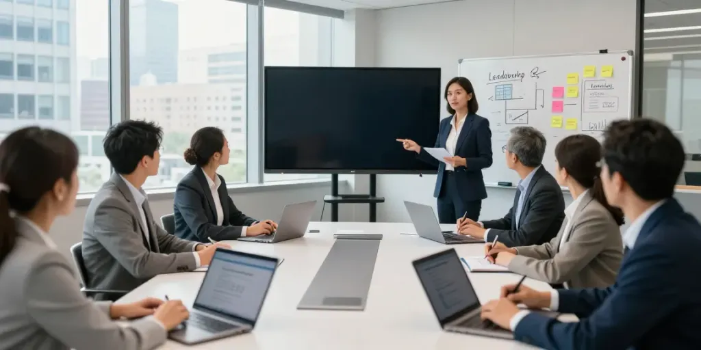 Dynamic executive coaching Connecticut workshop with diverse leaders collaborating in a modern conference room.