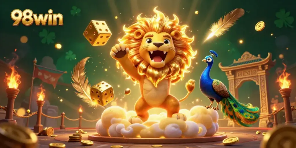 Spin to win with 98win in a vibrant, 3D casino scene filled with golden coins and celebratory elements.