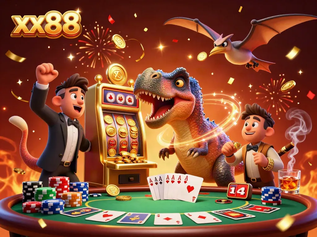 Experience the excitement of xx88 as a pachycephalosaurus triggers a jackpot, filled with vibrant casino elements.