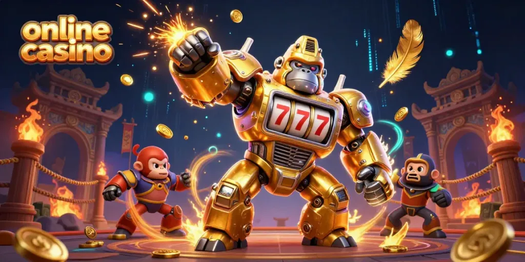 Engaging scene of a golden gorilla mech symbolizing online casino excitement with coins and game elements.