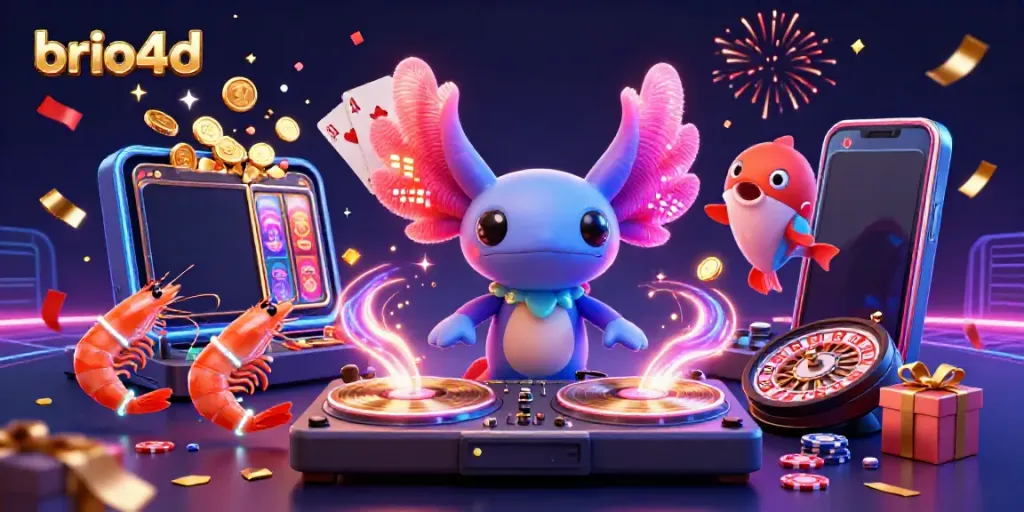 Experience the vibrant fun of brio4d with lively characters and dynamic slot games in a 3D casino scene.