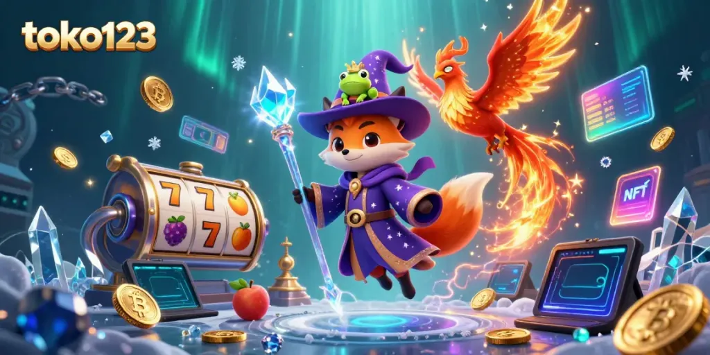 Engage in vibrant slot action with TOKO123 as a mystical wizard fox, phoenix, and crypto elements combine.