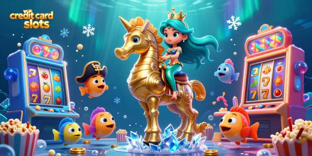 Engage with exciting credit card slots alongside a colorful cartoon mermaid princess and giant seahorse.
