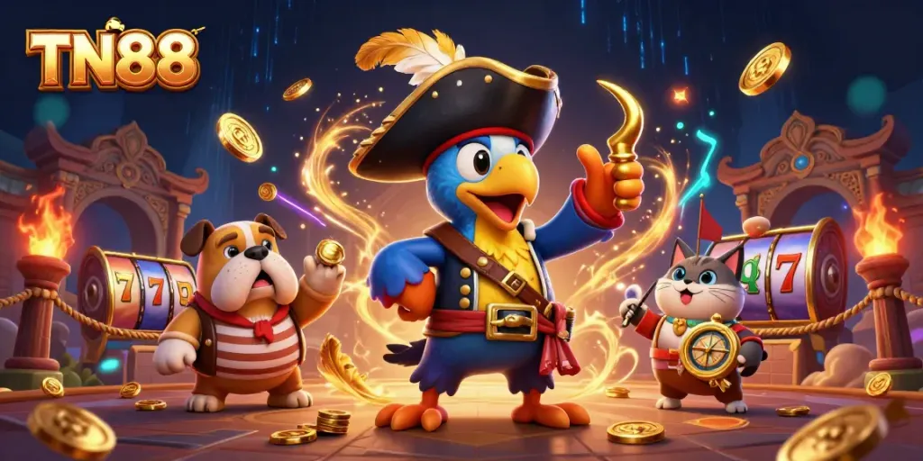 Join the TN88 adventure with pirates and treasures in this vibrant casino scene.