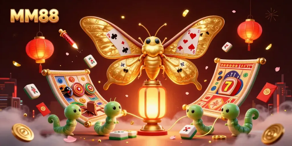 Experience the vibrant MM88 casino world with a stunning 3D moth and dynamic gaming elements!