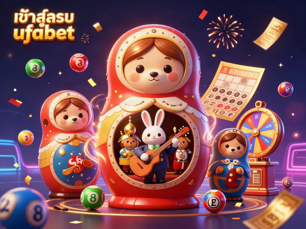 Experience the excitement of gambling with เข้าสู่ระบบ ufabet, illustrated with vibrant casino elements and playful characters.
