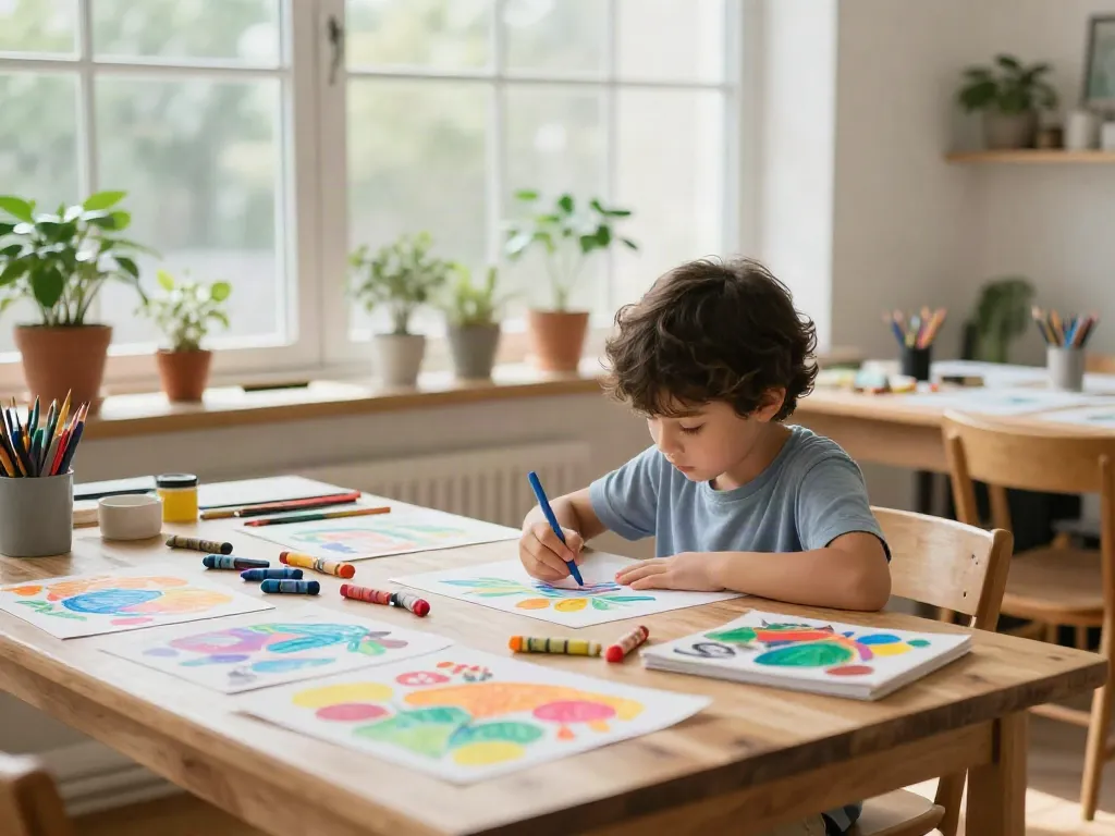 Child creating colorful artwork as a crayon manufacturer showcases its vibrant products in a bright art studio.