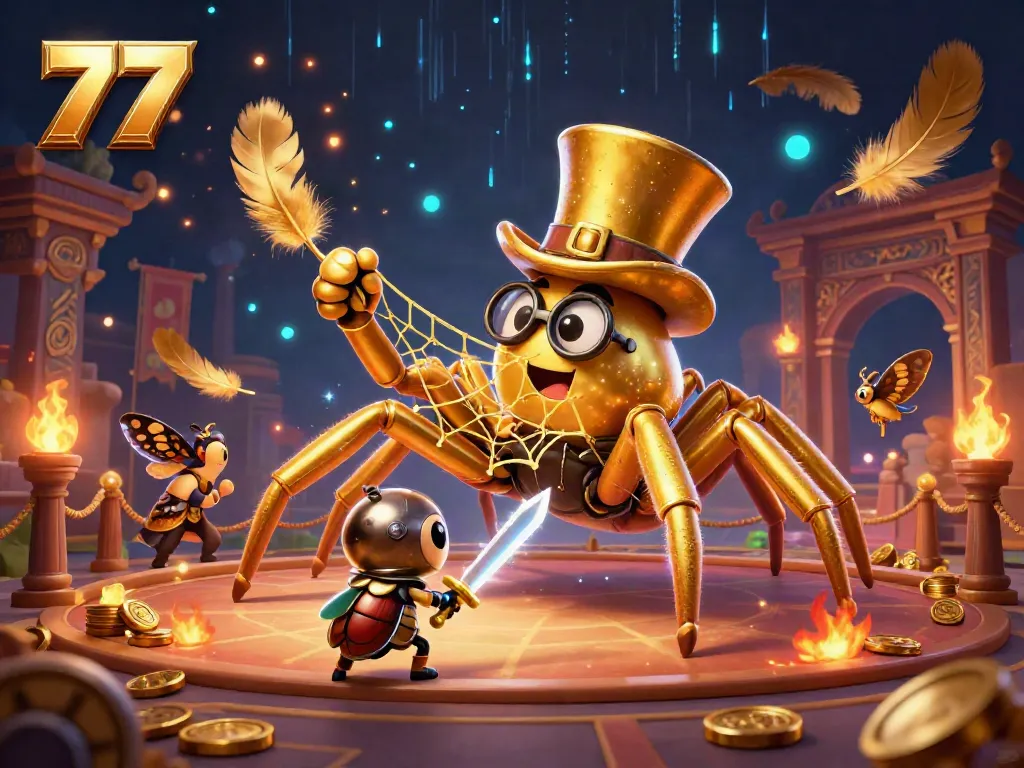 Engage in thrilling gameplay with 77 as a giant golden tarantula weaves casino web amidst a lively beetle knight scene.