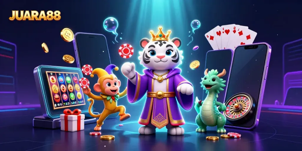 Engage with JUARA88's vibrant gaming world featuring slots, a white tiger, and poker action.