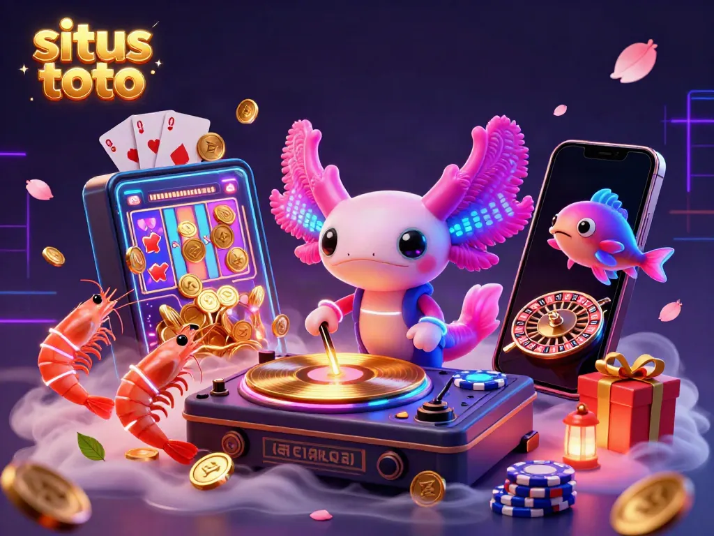Engage with situs toto through vibrant neon visuals of a lively underwater casino scene, including a DJ and slot game excitement.
