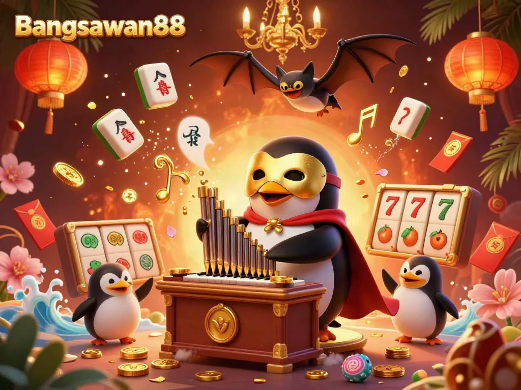 Bangsawan88 showcases a vibrant casino scene with a penguin playing an organ, surrounded by golden coins and gambling elements.