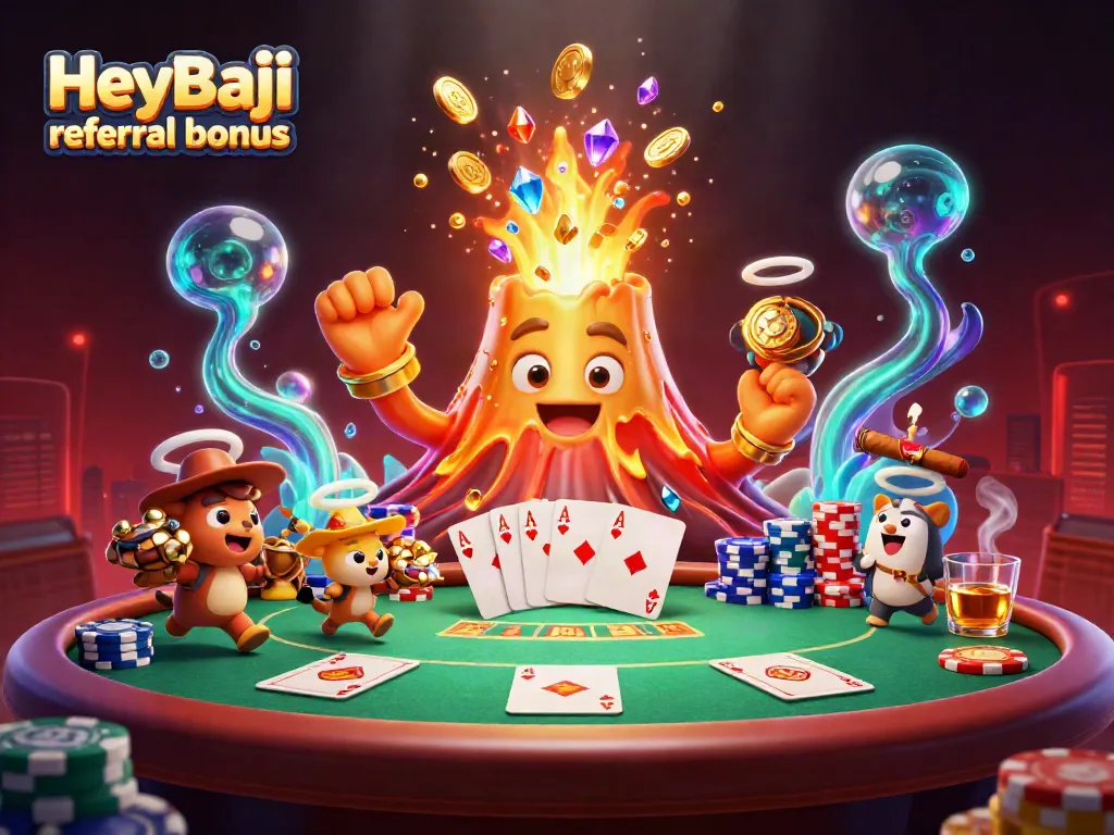 Experience the excitement of the HeyBaji referral bonus with a dynamic scene of treasure and poker elements.